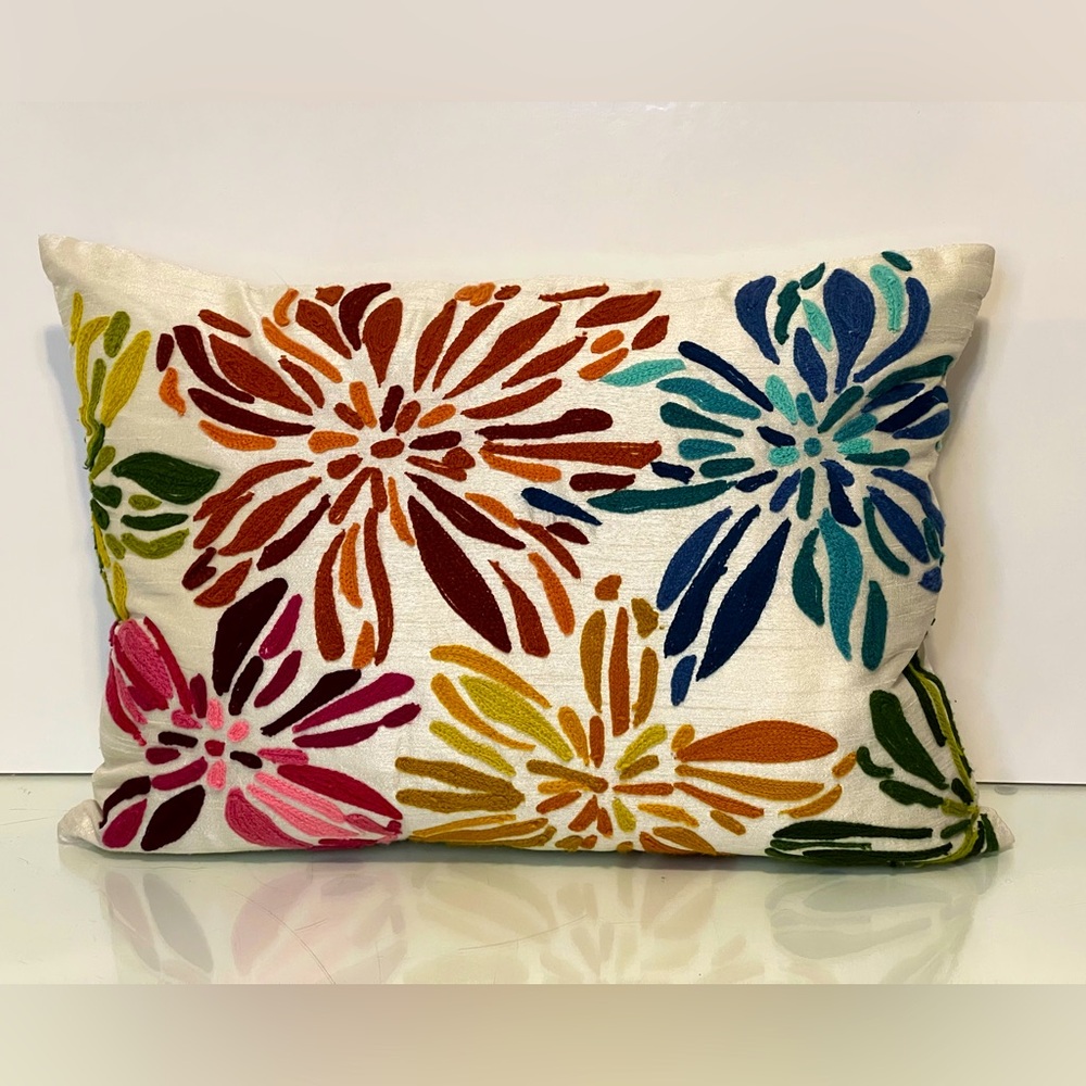 Pier 1 Import Pillow Embroidered Floral Multicolored Rainbow 18” X 12”